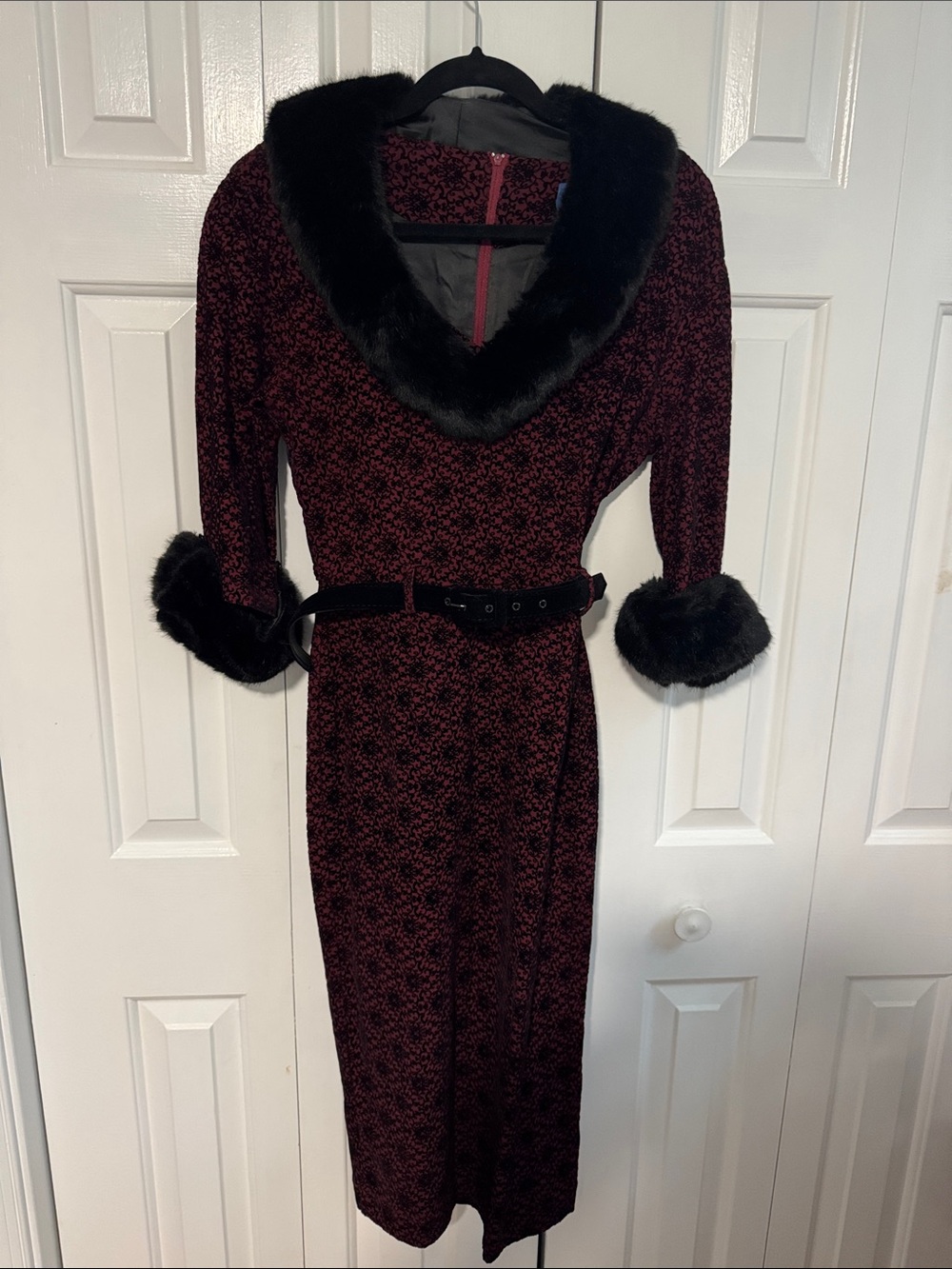 Collectif Burgundy Midi Dress with Black Faux Fur Collar & Cuffs